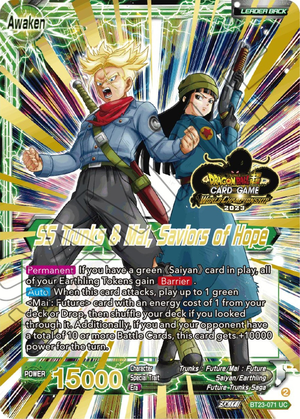 Trunks & Mai // SS Trunks & Mai, Saviors of Hope (2023 Worlds ZENKAI 06 Leader Set) (BT23-071) [Tournament Promotion Cards] | Cracking-Singles