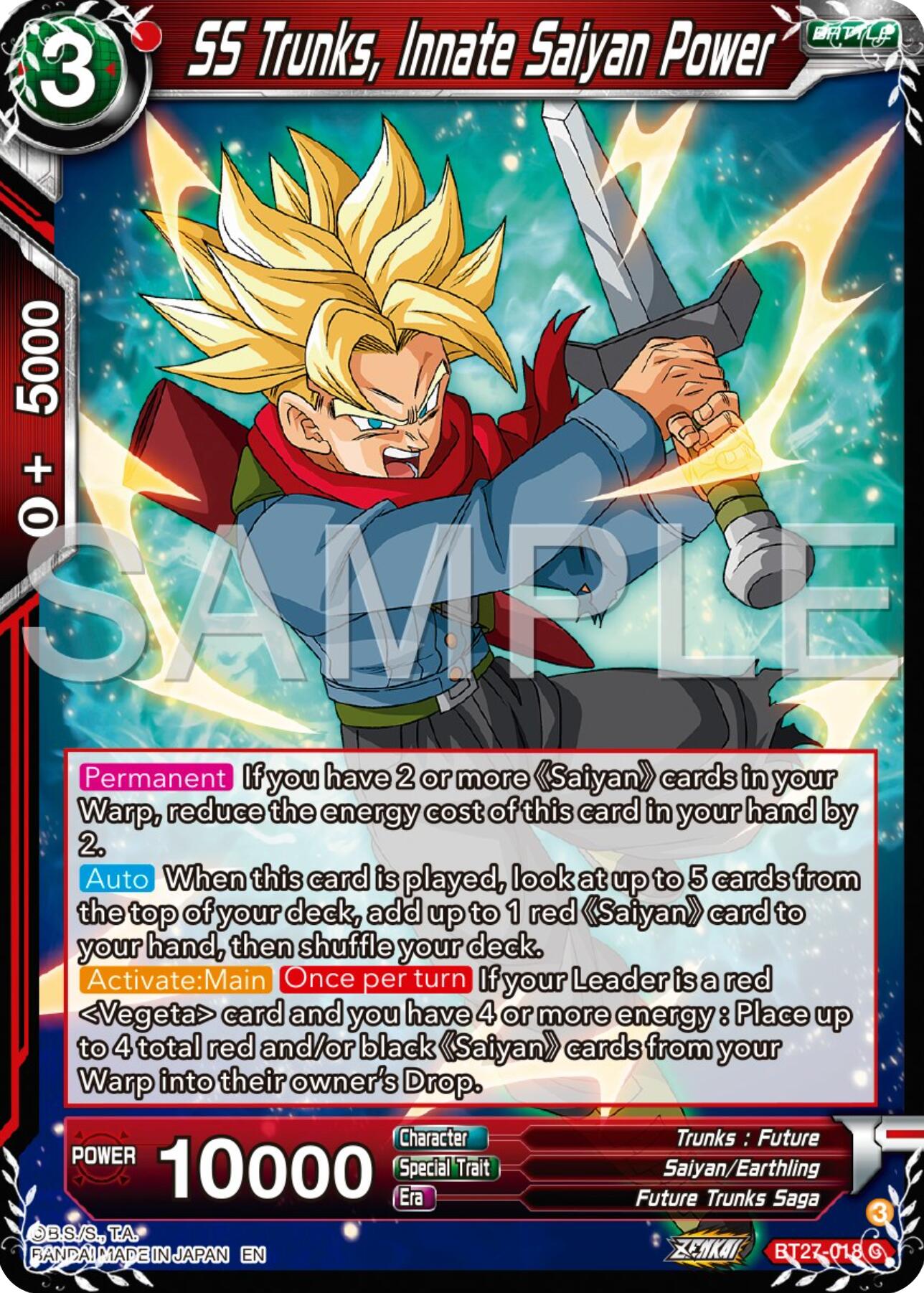 SS Trunks, Innate Saiyan Power (BT27-018) [History of Z] | Cracking-Singles