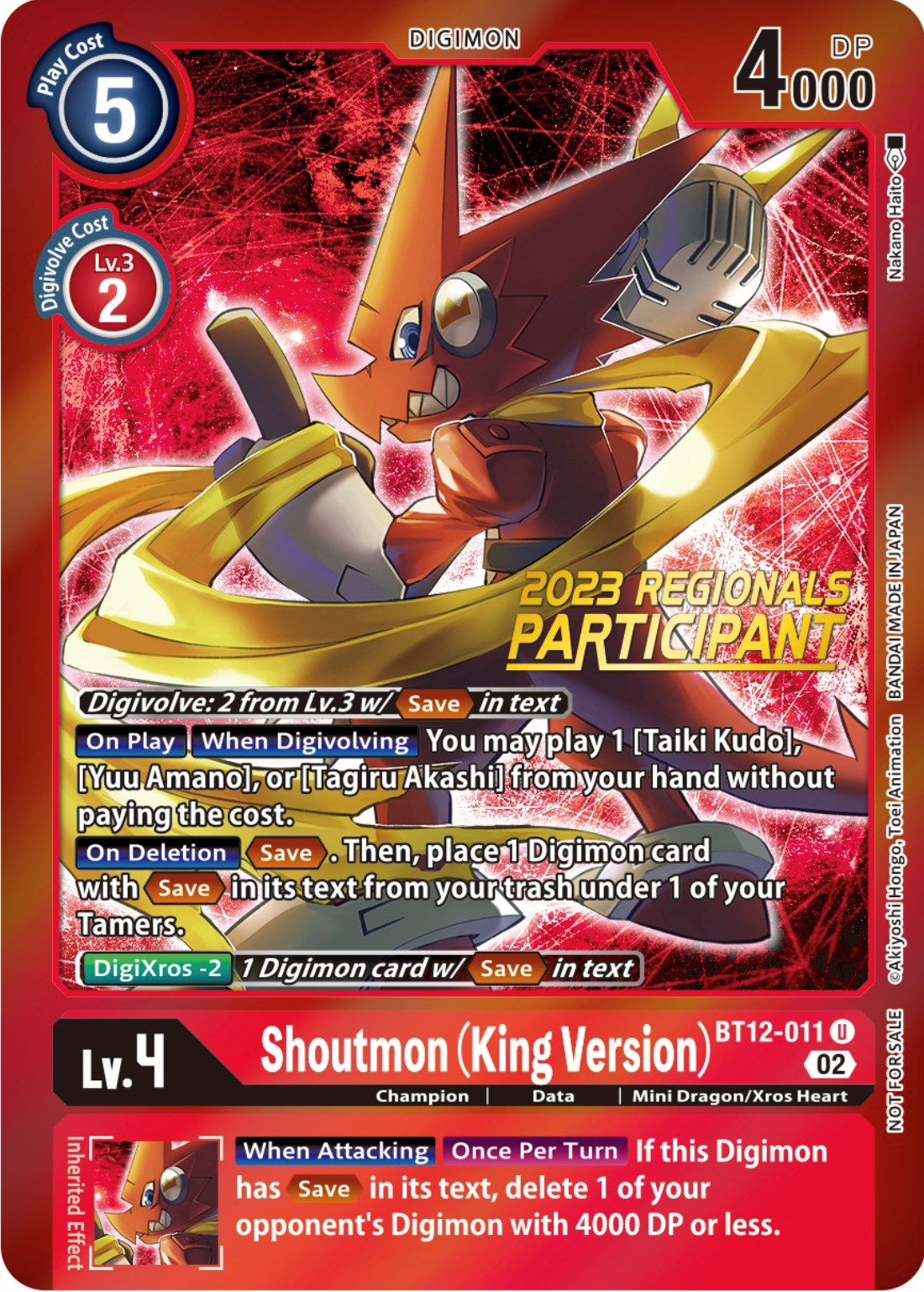 Shoutmon (King Version) [BT12-011] (2023 Regionals Participant) [Across Time Promos] | Cracking-Singles