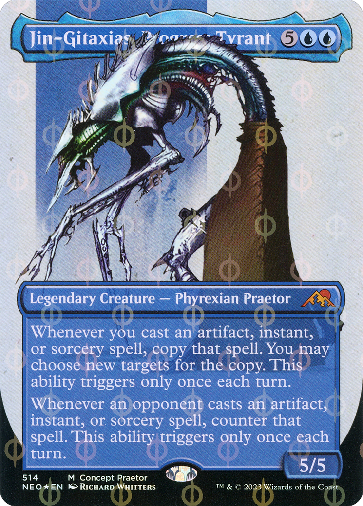 Jin-Gitaxias, Progress Tyrant (Borderless Concept Praetors Step-and-Compleat Foil) [Phyrexia: All Will Be One] | Cracking-Singles