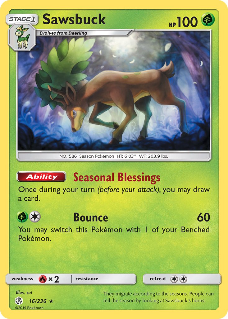 Sawsbuck (16/236) (Prerelease Kit Exclusive) (Theme Deck Exclusive) [Sun & Moon: Cosmic Eclipse] | Cracking-Singles