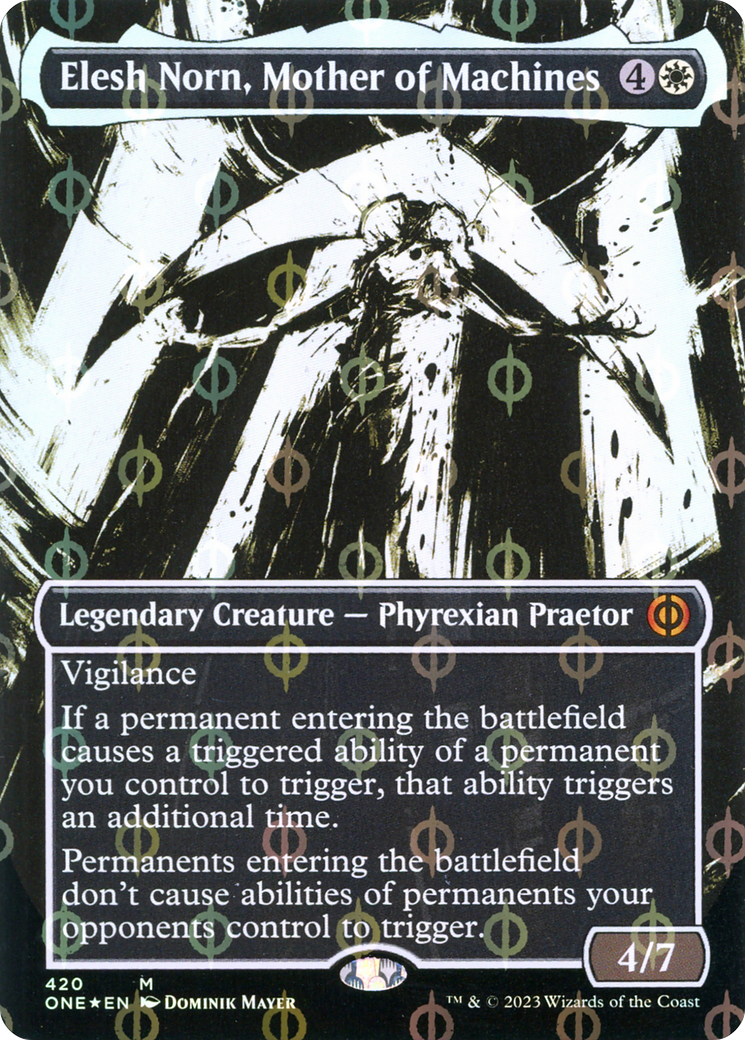 Elesh Norn, Mother of Machines (Borderless Ichor Step-and-Compleat Foil) [Phyrexia: All Will Be One] | Cracking-Singles