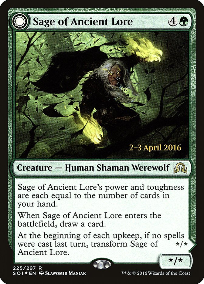 Sage of Ancient Lore // Werewolf of Ancient Hunger [Shadows over Innistrad Prerelease Promos] | Cracking-Singles