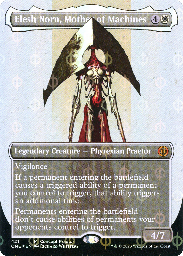 Elesh Norn, Mother of Machines (Borderless Concept Praetors Step-and-Compleat Foil) [Phyrexia: All Will Be One] | Cracking-Singles