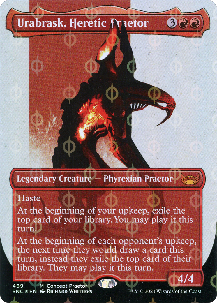 Urabrask, Heretic Praetor (Borderless Concept Praetors Step-and-Compleat Foil) [Phyrexia: All Will Be One] | Cracking-Singles