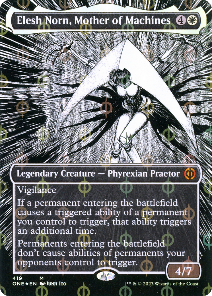 Elesh Norn, Mother of Machines (Borderless Manga Step-and-Compleat Foil) [Phyrexia: All Will Be One] | Cracking-Singles