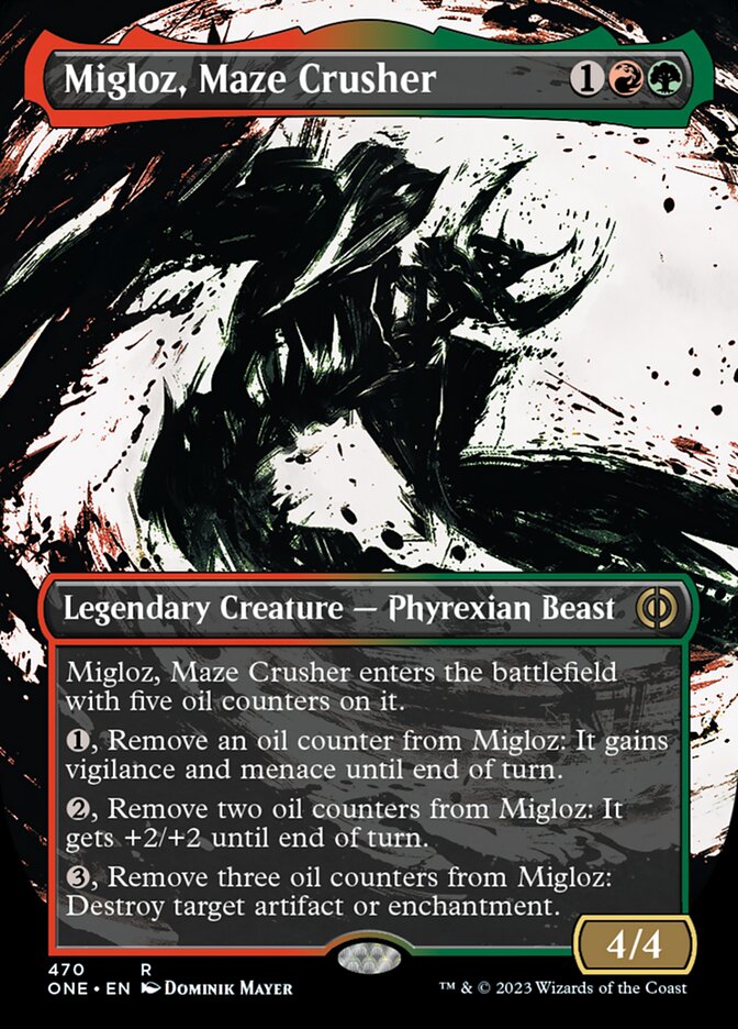 Migloz, Maze Crusher (Borderless Ichor Step-and-Compleat Foil) [Phyrexia: All Will Be One] | Cracking-Singles